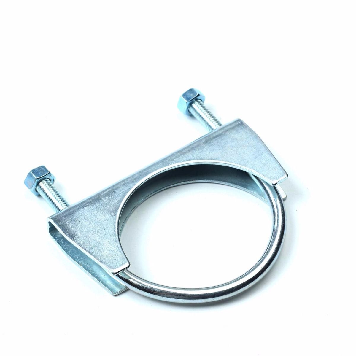 Galvanized steel U-bolt clamp with hex nuts, used to secure exhaust pipes or headers to mounting points on Ford F-150/F-250/Bronco.