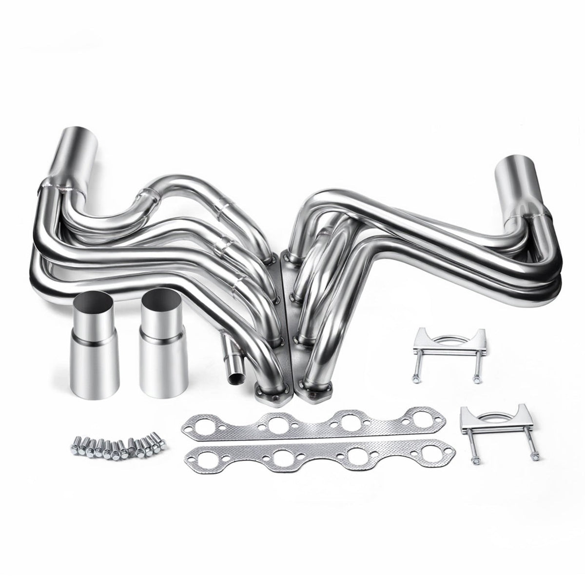 Polished stainless steel exhaust headers with flanges, bolts, and gaskets for Ford F-150/F-250/Bronco 5.8L V8, 1987–1996 (excludes 1993 F-150).