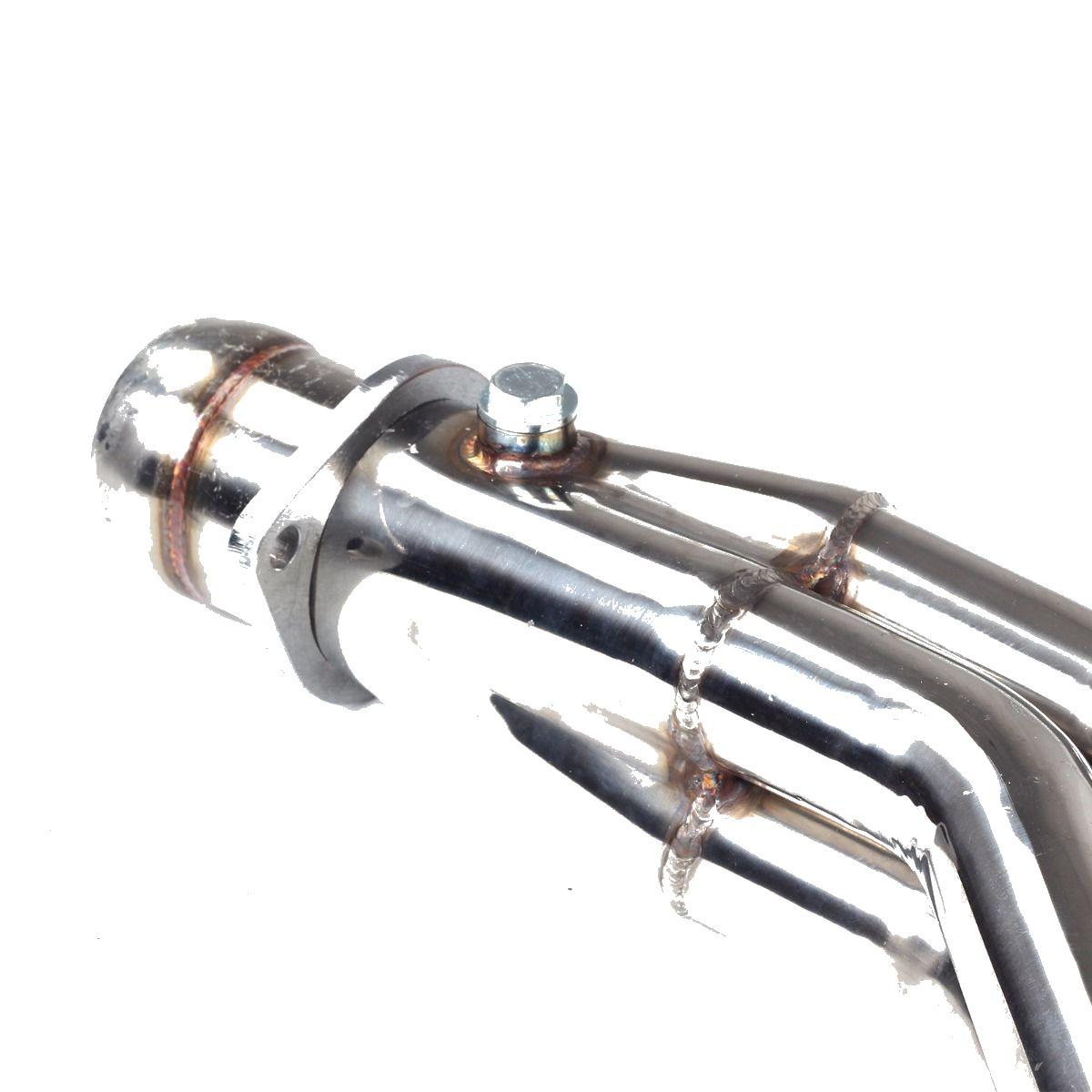 Close - up of polished long tube exhaust header collector with a bolt and welds