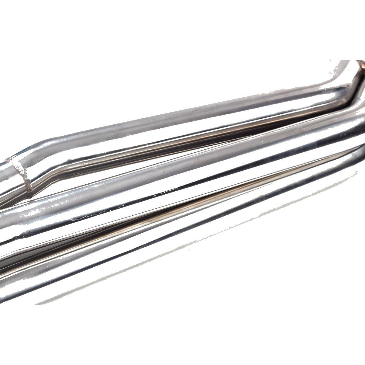 Polished long tube exhaust header pipes showing smooth bends and welds