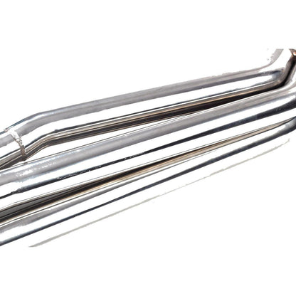 Polished long tube exhaust header pipes showing smooth bends and welds