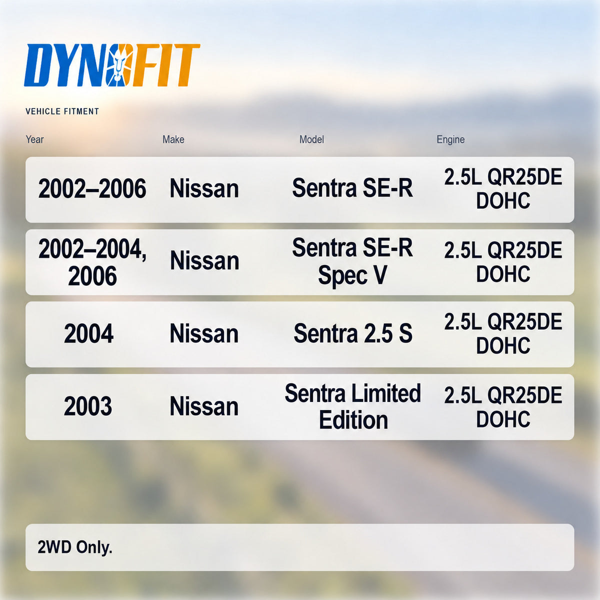 A DynoFit vehicle fitment chart listing compatible Nissan Sentra models and engines, shown over a blurred outdoor background. The chart includes years 2002-2006, 2002-2004, 2004, and 2003 for Sentra SE-R, Sentra SE-R Spec V, Sentra 2.