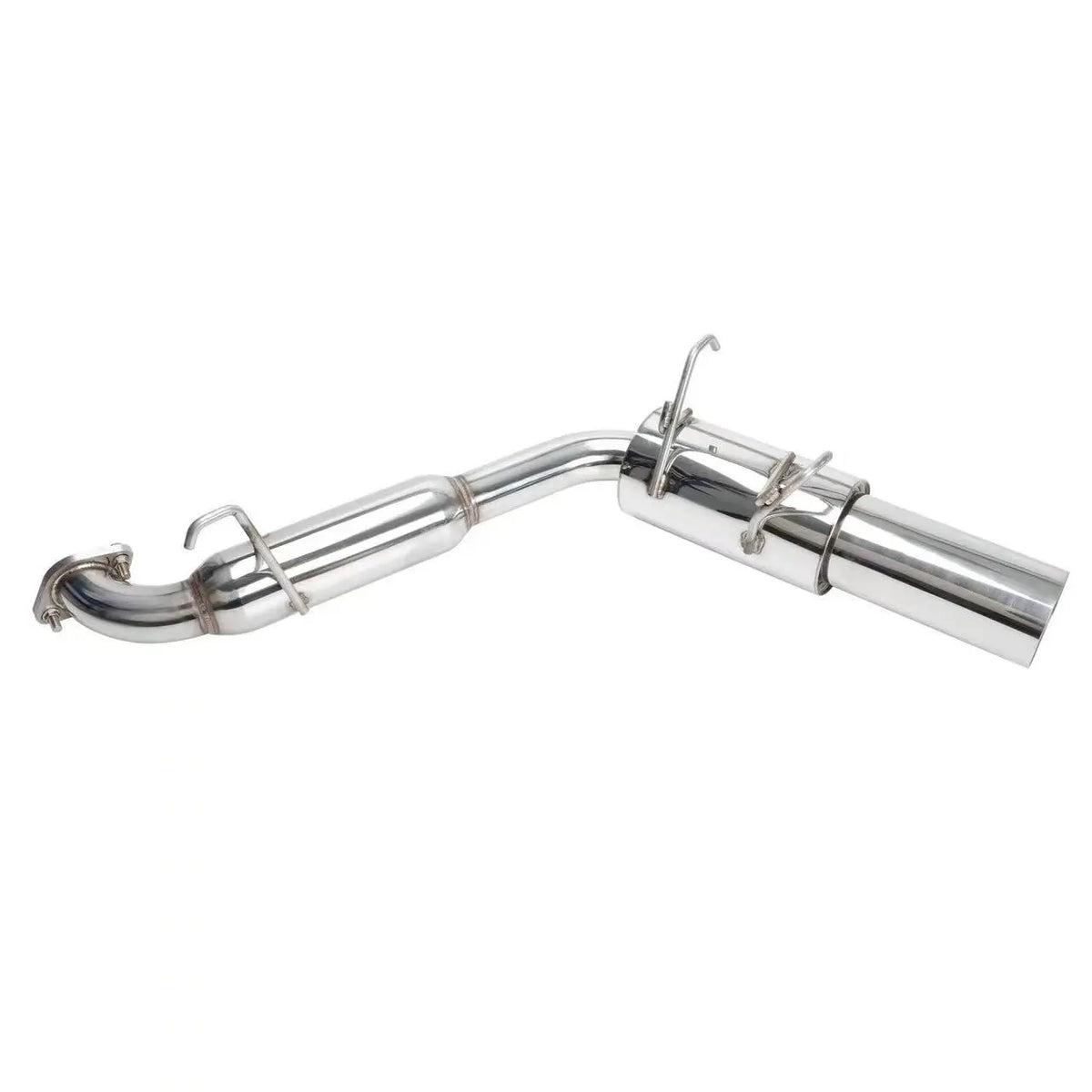 Angled view of the N1 catback exhaust pipes featuring hangers and a polished finish for 1990–1997 Mazda Miata MX-5 / Eunos.