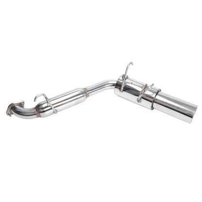 Angled view of the N1 catback exhaust pipes featuring hangers and a polished finish for 1990–1997 Mazda Miata MX-5 / Eunos.