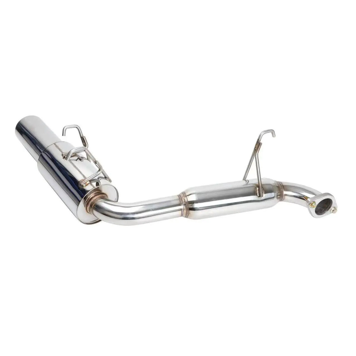 Close-up of the N1 catback exhaust muffler and connection point with a polished stainless steel finish for 1990–1997 Mazda Miata.