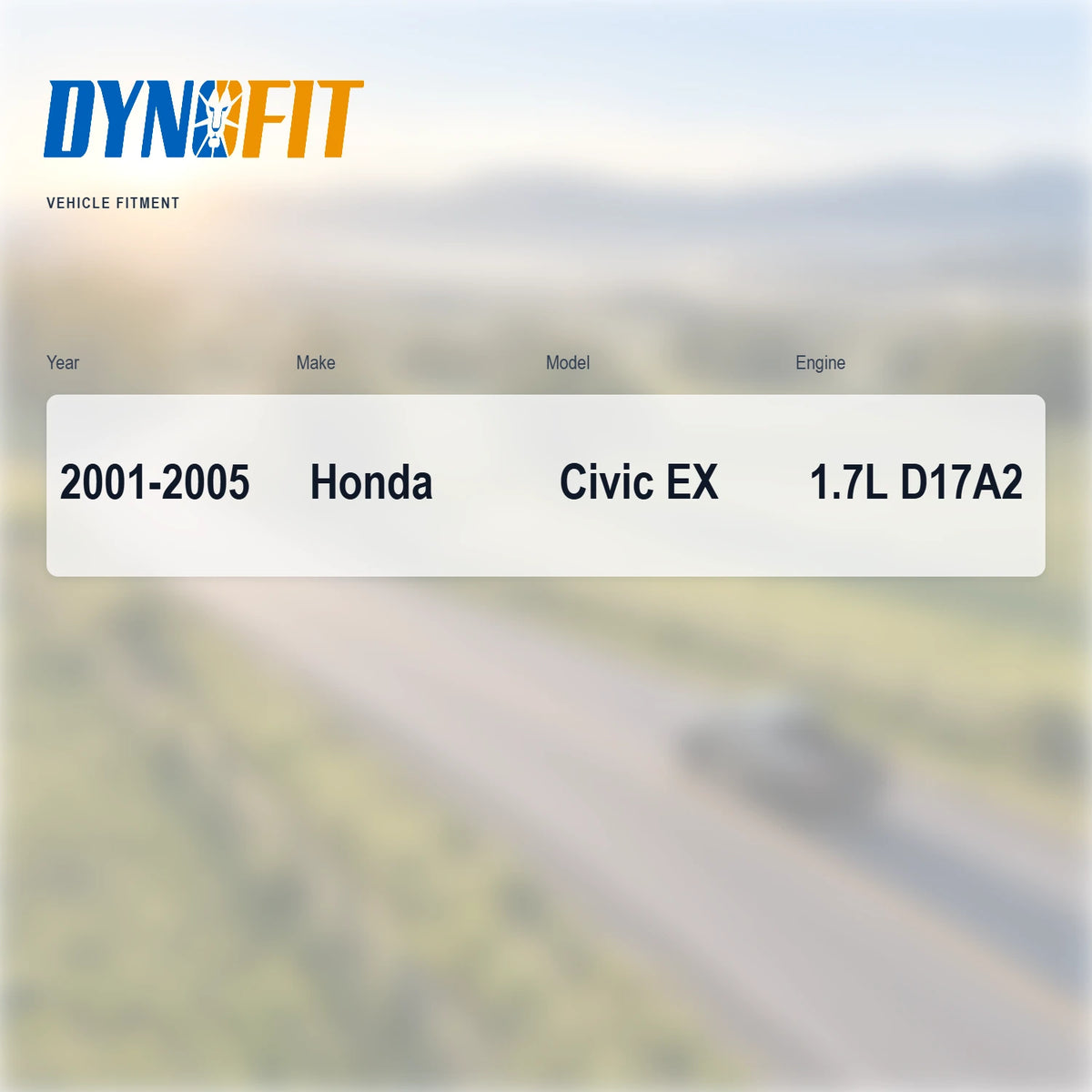 A fitment chart graphic for DYNFIT vehicle parts, showing compatibility for Chevy S15, S10, and S10 Blazer models from 1982-2002 on a blurred road background.