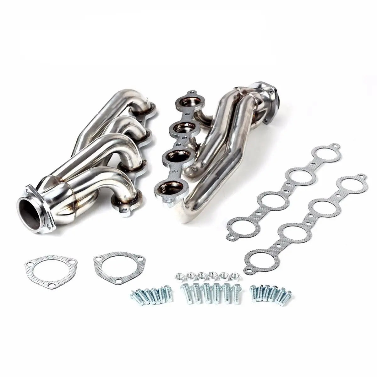 Dynofit Complete exhaust shorty header kit for 1964-1973 Chevy Chevelle 4.8L 5.3L 5.7L 6.0L 6.2L engines, including headers, gaskets, bolts, and hardware.