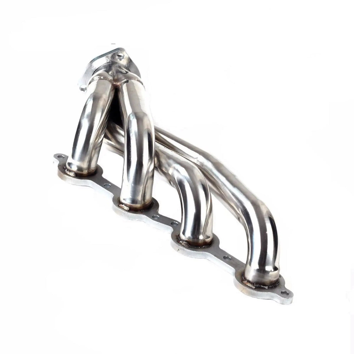 Polished stainless steel exhaust shorty header for 1964-1973 Chevy Chevelle, showing primary tubes and flange mounting points.