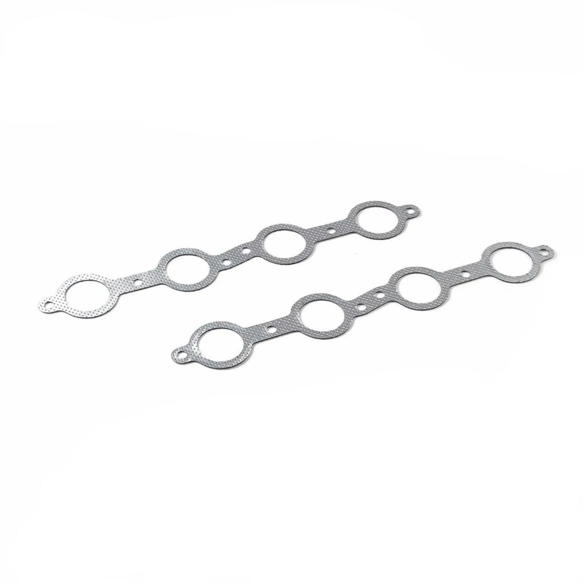 Stainless steel exhaust header gaskets with multiple circular cutouts, designed for sealing 1964-1973 Chevy Chevelle V8 engines.