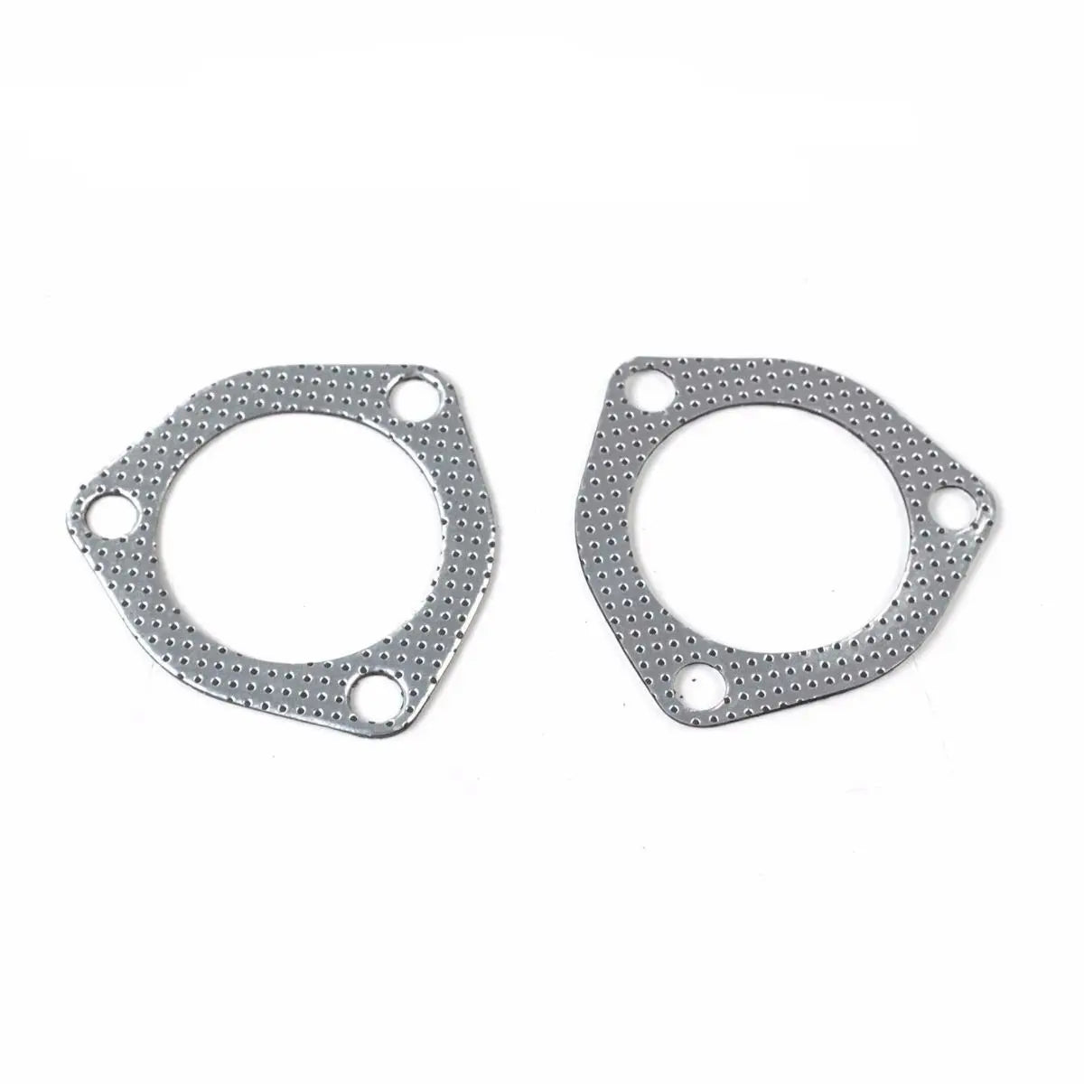 Two metallic exhaust header gaskets with bolt holes, precision-cut for 1964-1973 Chevy Chevelle 4.8L–6.2L engines.