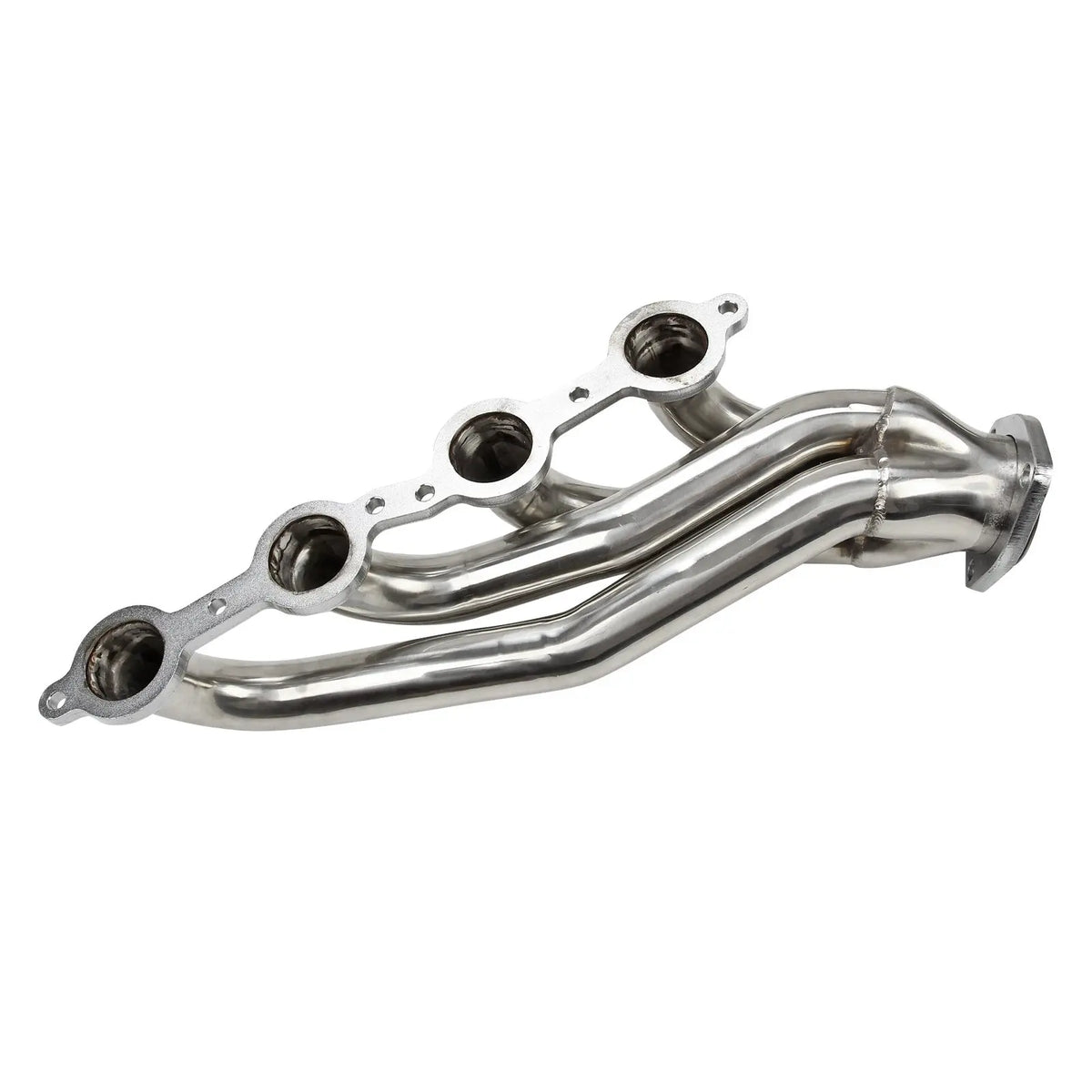 Close-up of polished stainless steel exhaust shorty header for 1964-1973 Chevy Chevelle, highlighting smooth tube bends and flange details.