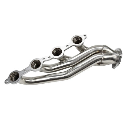 Close-up of polished stainless steel exhaust shorty header for 1964-1973 Chevy Chevelle, highlighting smooth tube bends and flange details.