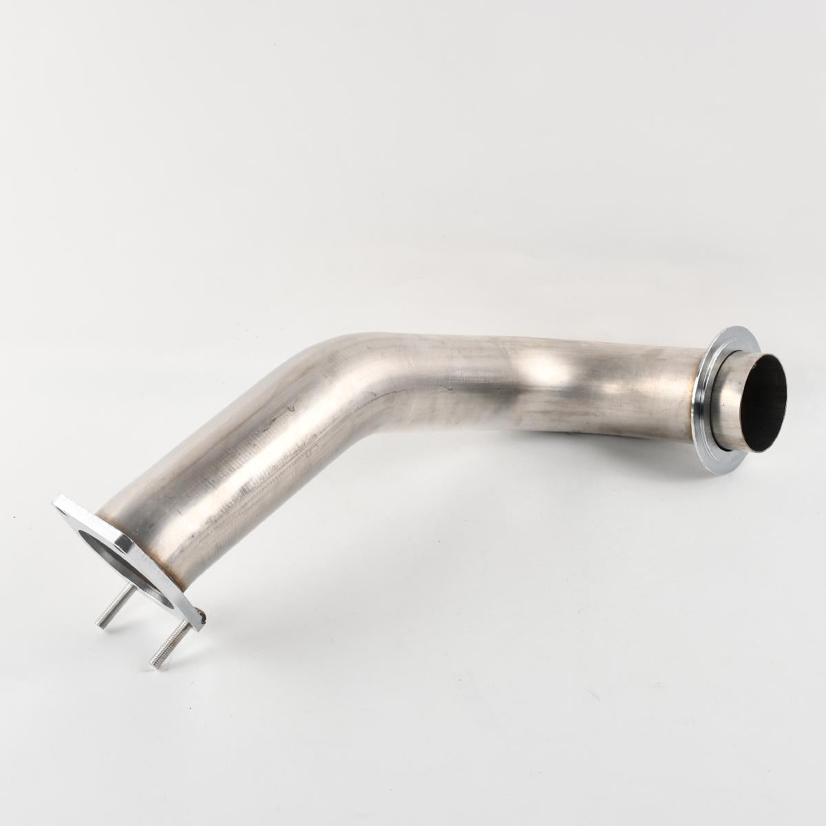Extreme close-up of the downpipe’s flange and mounting bolt holes, highlighting precision machining for Silverado/Sierra fitment.