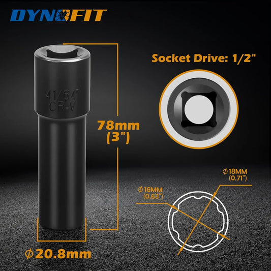 Dynofit 6 Point Spline Lug Nuts Key for Wrench with 1/2" Imperial Square Socket Drive Size
