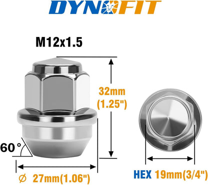 M12x1.5 chrome lug nut with 60-degree conical seat, 32mm height, 27mm diameter and 19mm hex size