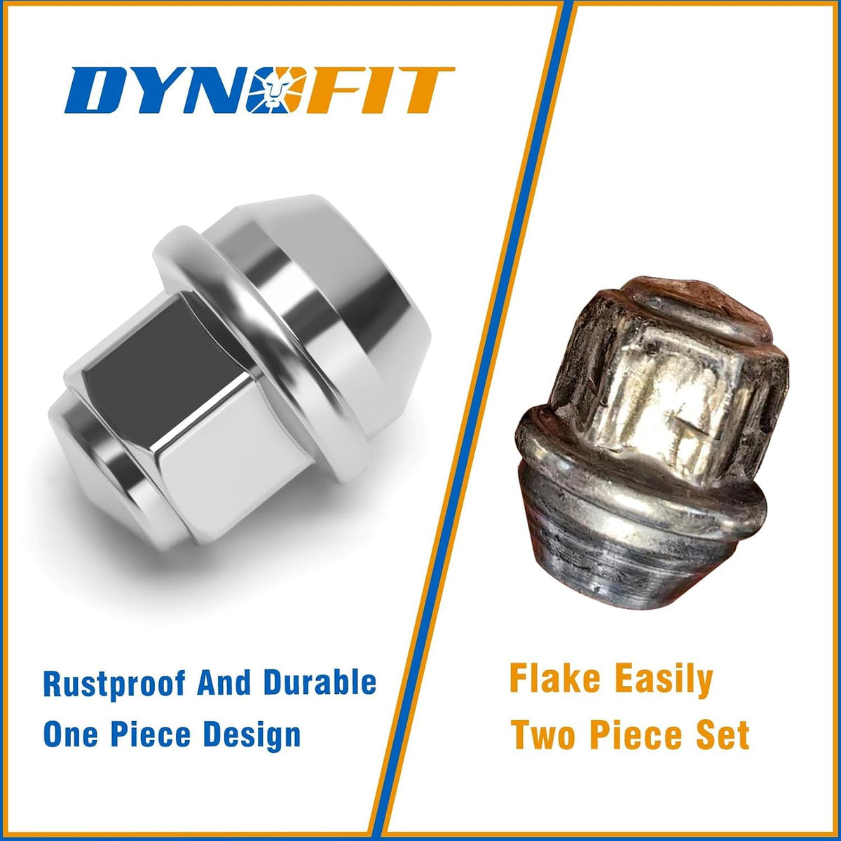 DYNOFIT one-piece chrome lug nut with rust-resistant durable design compared with a flaking two-piece lug nut