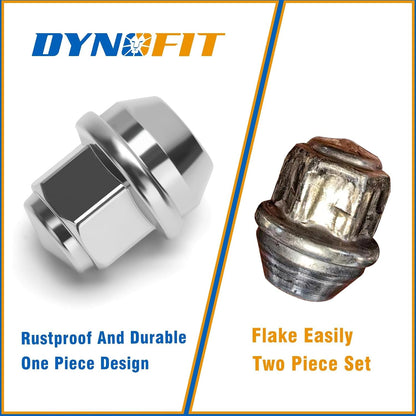 DYNOFIT one-piece chrome lug nut with rust-resistant durable design compared with a flaking two-piece lug nut
