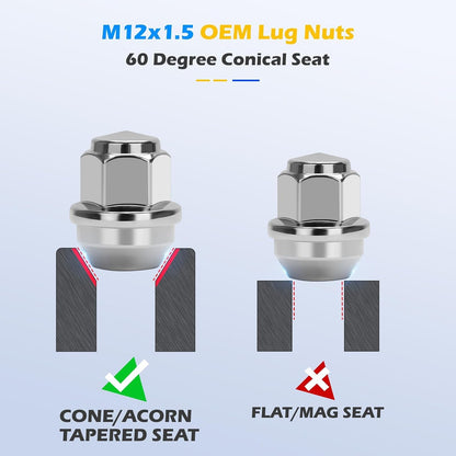 M12x1.5 OEM-style chrome lug nuts with 60-degree cone acorn tapered seat, not compatible with flat or mag seat wheels