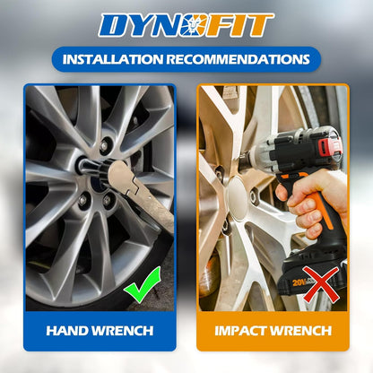 DYNOFIT M12x1.5 chrome lug nuts installation guide recommending a hand wrench instead of an impact wrench
