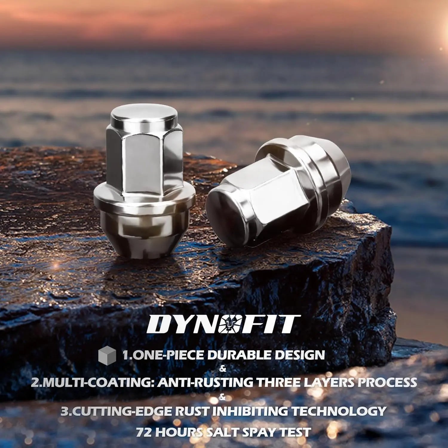 Two metallic bolts on a rock with a sunset background, featuring the Dynofit brand.