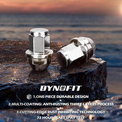 Two metallic bolts on a rock with a sunset background, featuring the Dynofit brand.