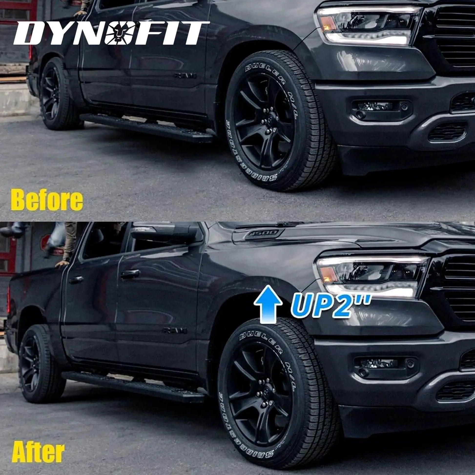 Dynofit 2.5" Front Leveling Lift Kit for 2006-2025 Dodge Ram 1500 before and after