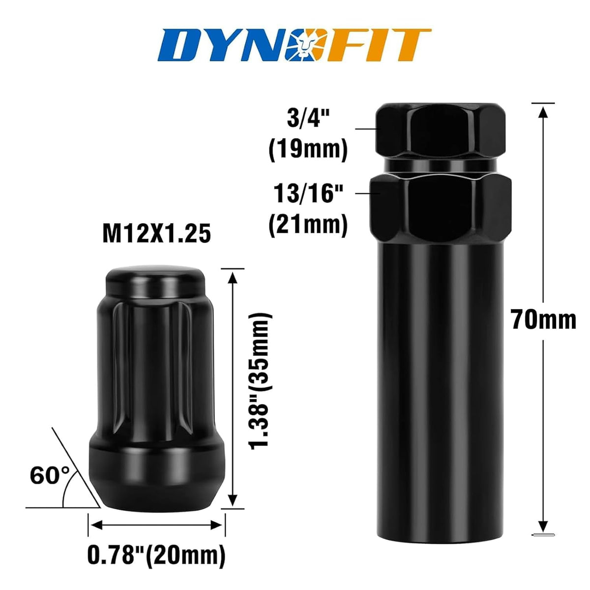 M12x1.25 black lug nut with 60-degree conical seat, 35mm length, 20mm width and 70mm installation socket key