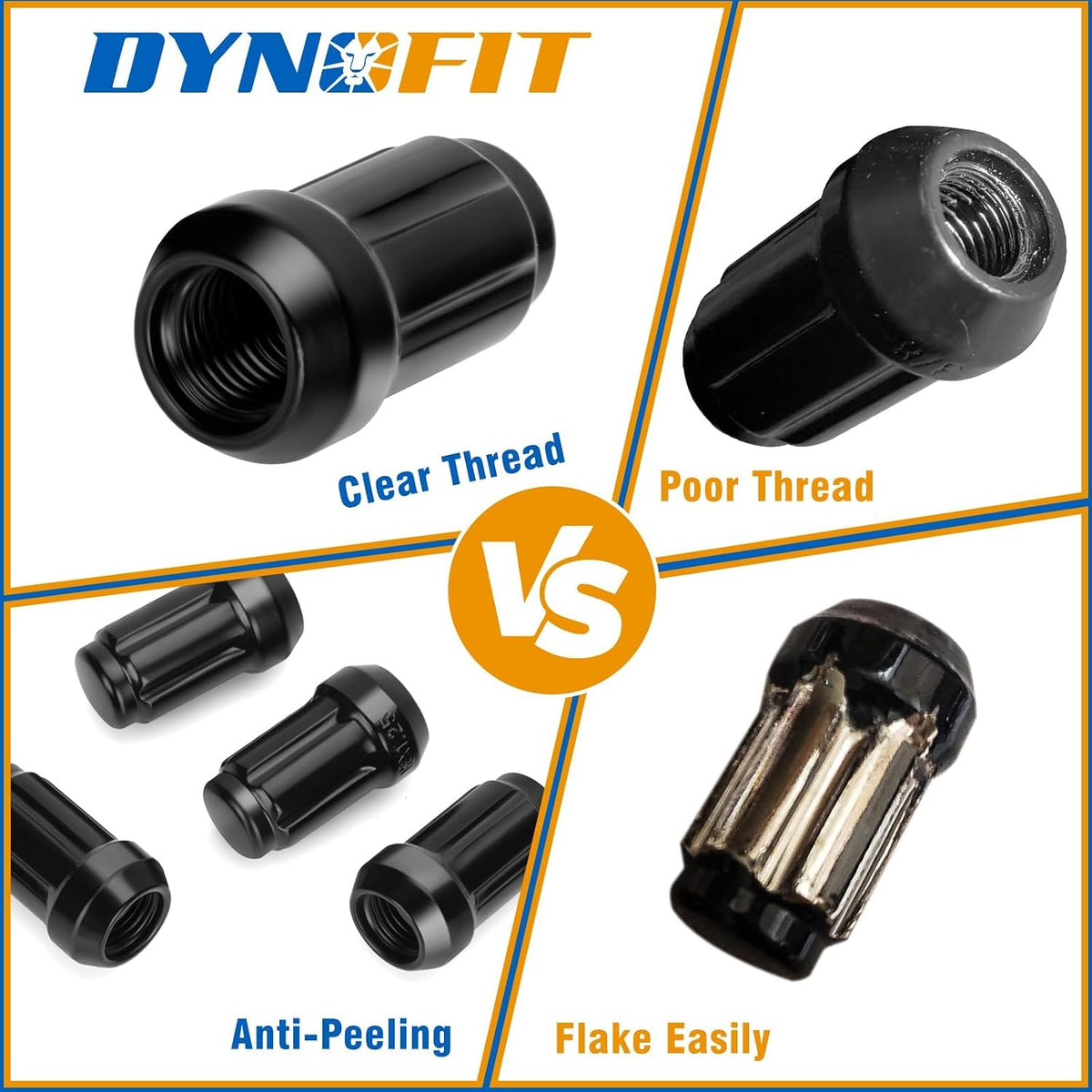 DYNOFIT black M12x1.25 lug nuts with clean internal threads and anti-peeling finish compared with lower-quality lug nuts