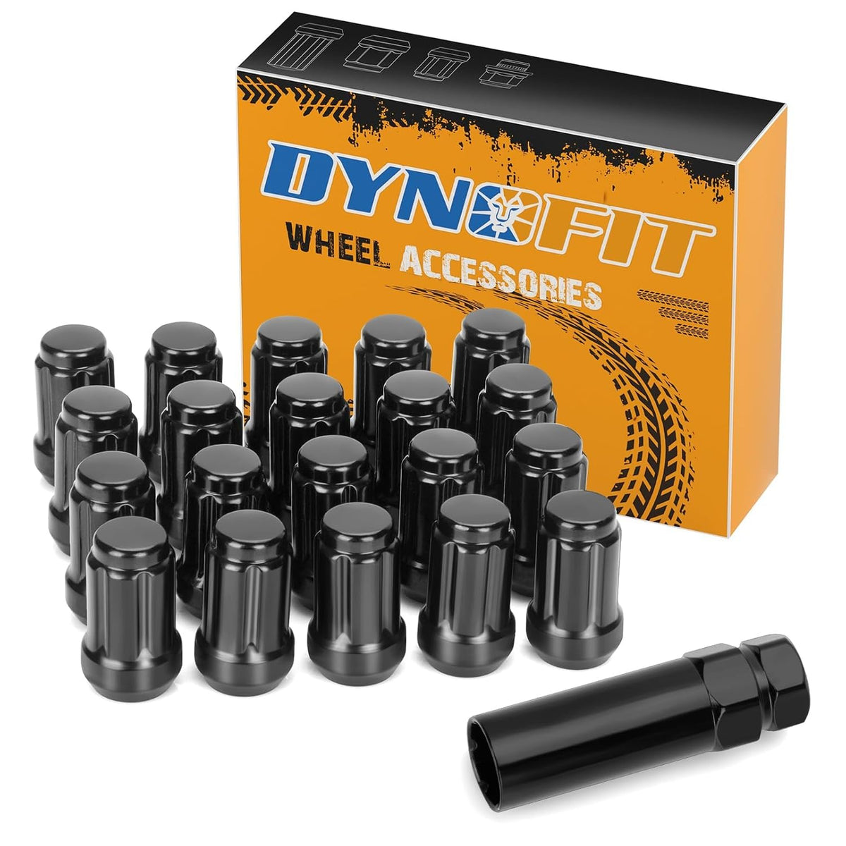 20 Pcs M12x1.25 Black Wheel Lug Nuts | 60° Conical Seat with 1 Socket Key