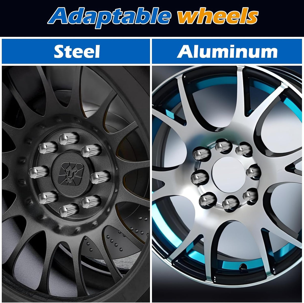 A comparison graphic showing two car wheel finishes labeled 'Steel' on the left and 'Aluminum' on the right under the heading 'Adaptable wheels.' The left wheel is matte dark gray/black steel, and the right wheel is polished silver aluminum with blue interior accents.