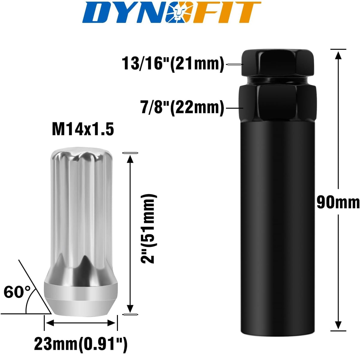 Dynofit 32Pcs M14x1.5 Chrome Wheel Lug Nuts | 60° Conical Seat with 1 Socket Key