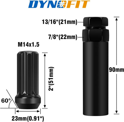 32 Pcs M14x1.5 Black Wheel Lug Nuts | 60° Conical Seat with 1 Socket Key dynofit