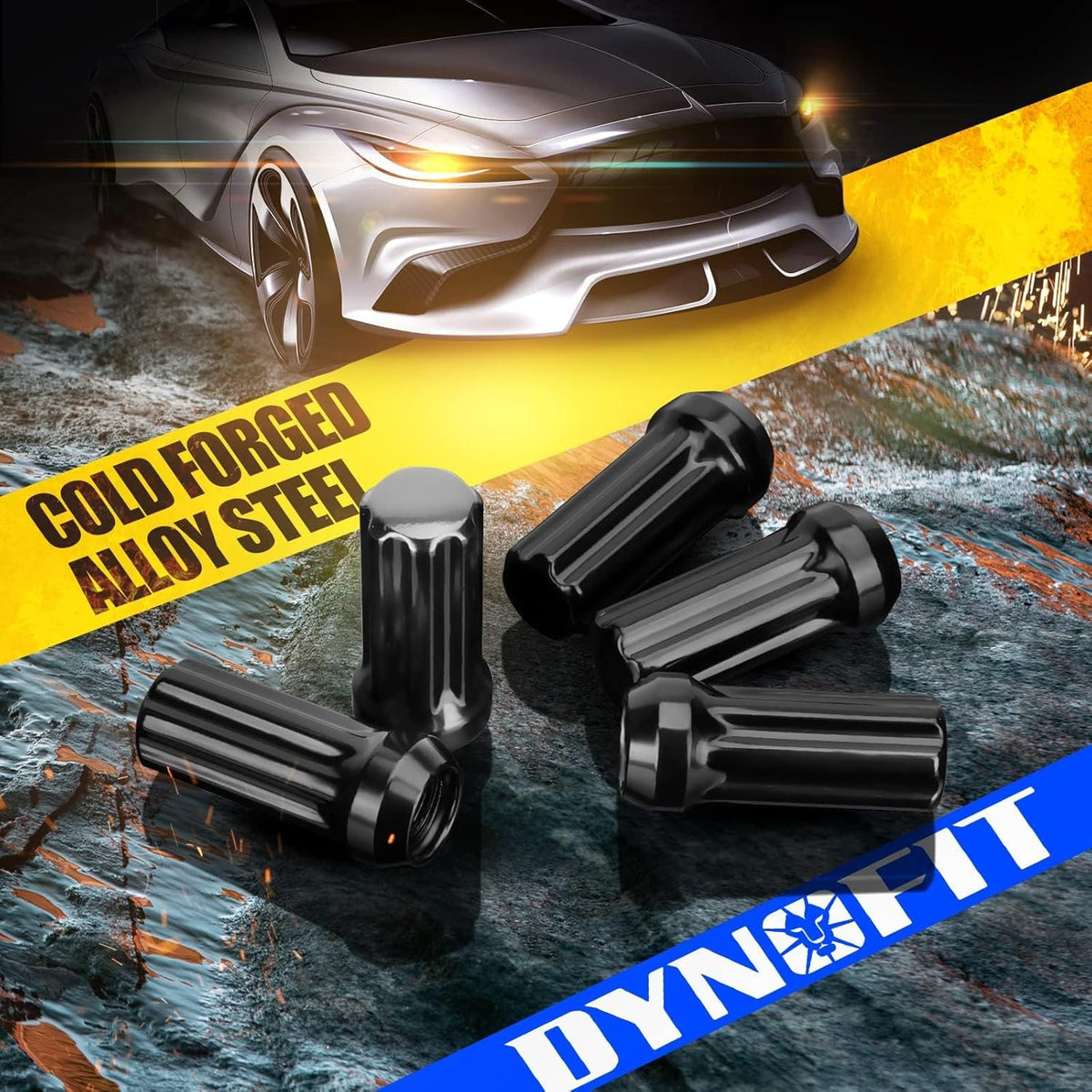 32 Pcs M14x1.5 Black Wheel Lug Nuts | 60° Conical Seat with 1 Socket Key dynofit