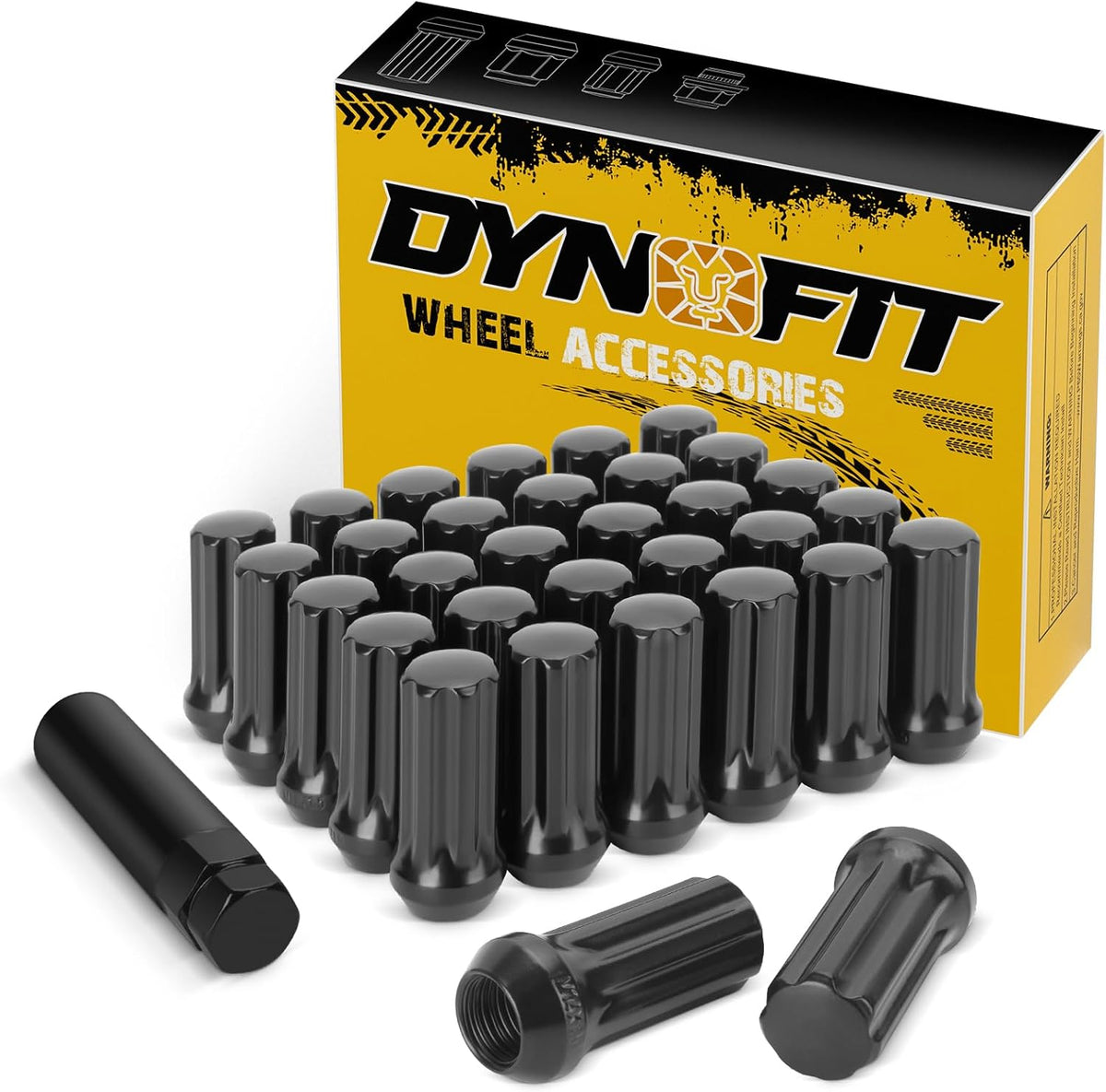 32 Pcs M14x1.5 Black Wheel Lug Nuts | 60° Conical Seat with 1 Socket Key dynofit
