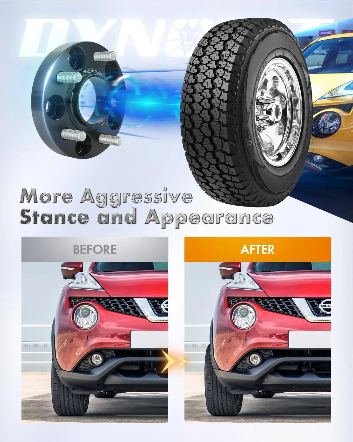 Before and after comparison of a car with an aggressive stance and appearance, featuring a wheel and tire.Dynofit 1" Hub Wheel Spacers for Nissan 350Z 370Z Infinit G35 G37