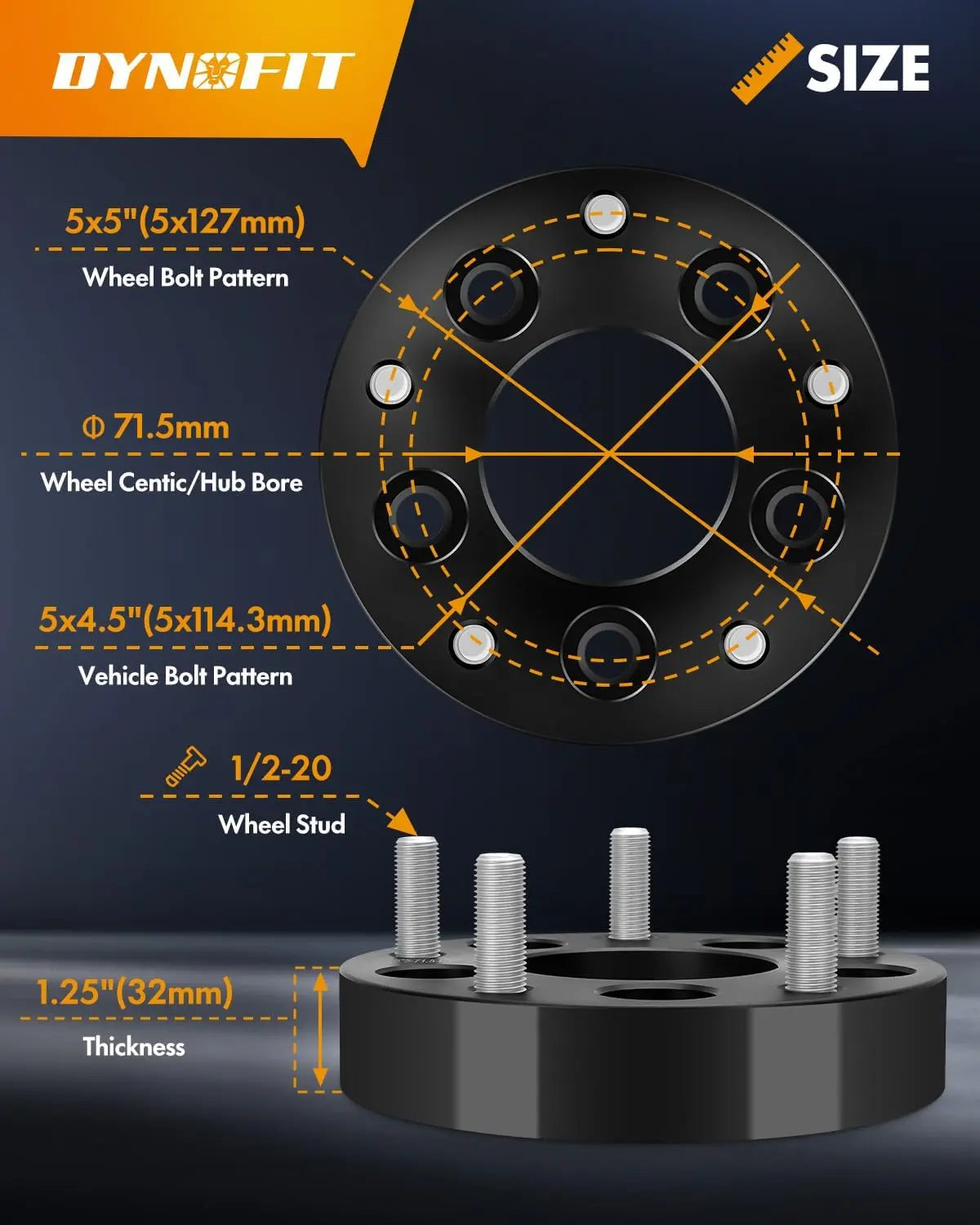 Dynofit 1.25" 5x4.5 to 5x5 Wheel Adapters for Jeep Size
