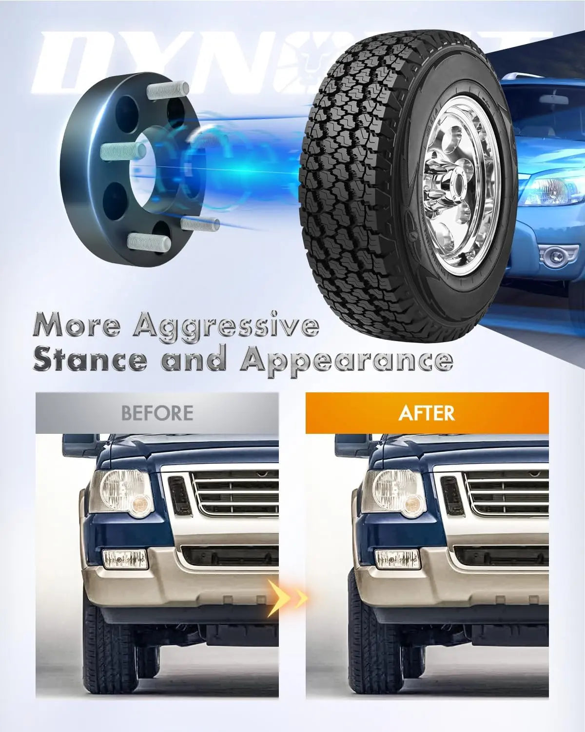 Before and after comparison of a vehicle's aggressive stance and appearance with tire and wheel changes.