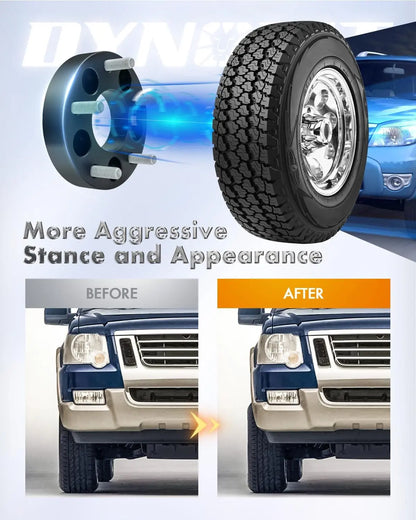 Before and after comparison of a vehicle's aggressive stance and appearance with tire and wheel changes.