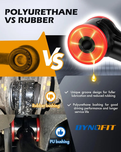 Comparison between polyurethane and rubber bushings with Dynofit branding.