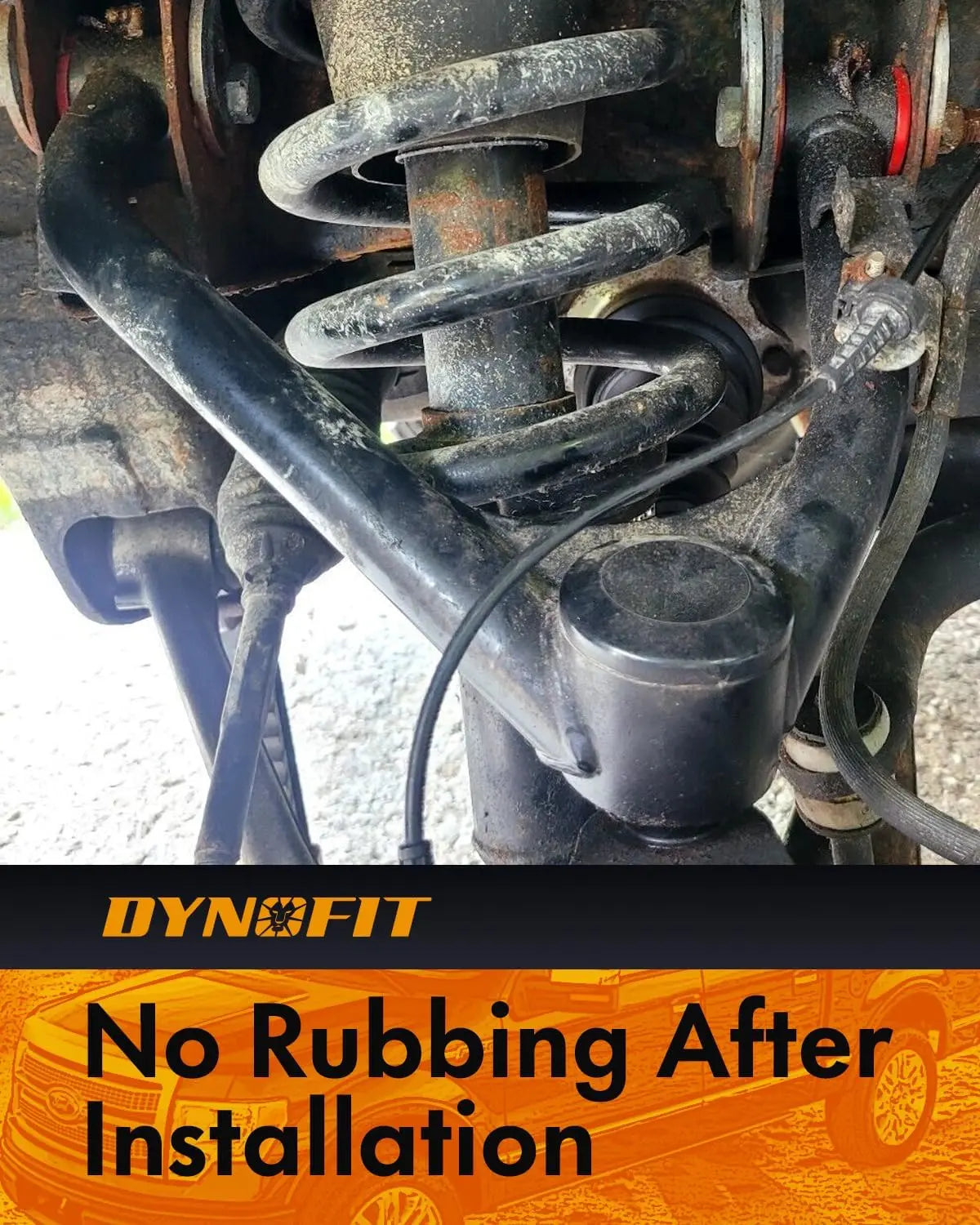 Close-up of vehicle suspension system with Dynofit branding and text 'No Rubbing After Installation'.