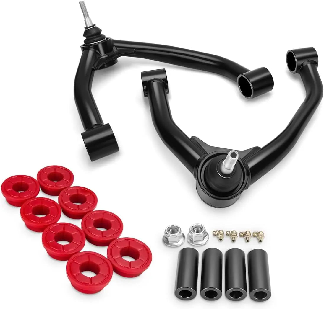 Automotive suspension components including a black control arm, red bushings, and metal parts for 2007-2018 Chevy Silverado GMC Sierra 1500