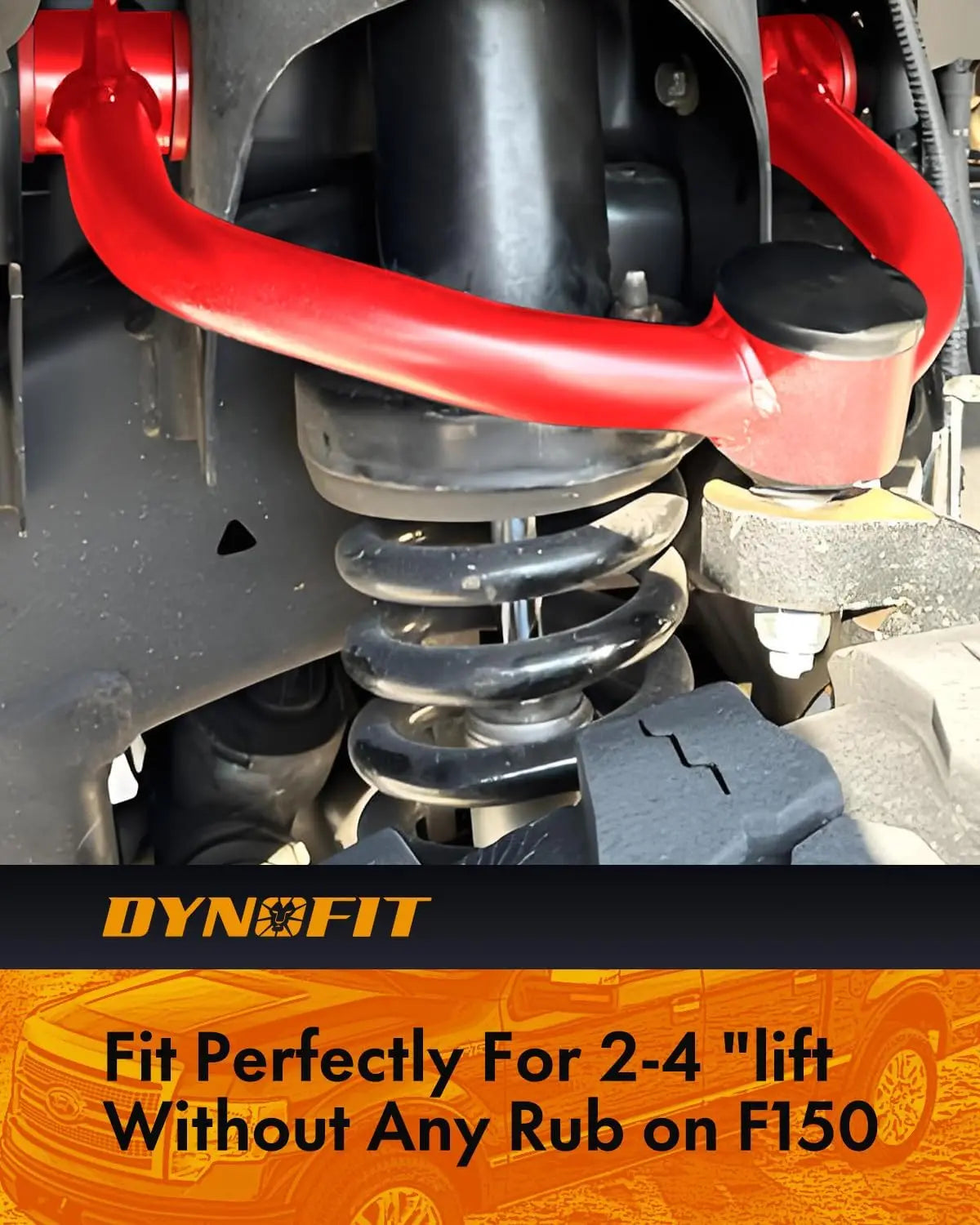 Close-up of a vehicle suspension system with Dynofit branding and text about F-150 fitment.