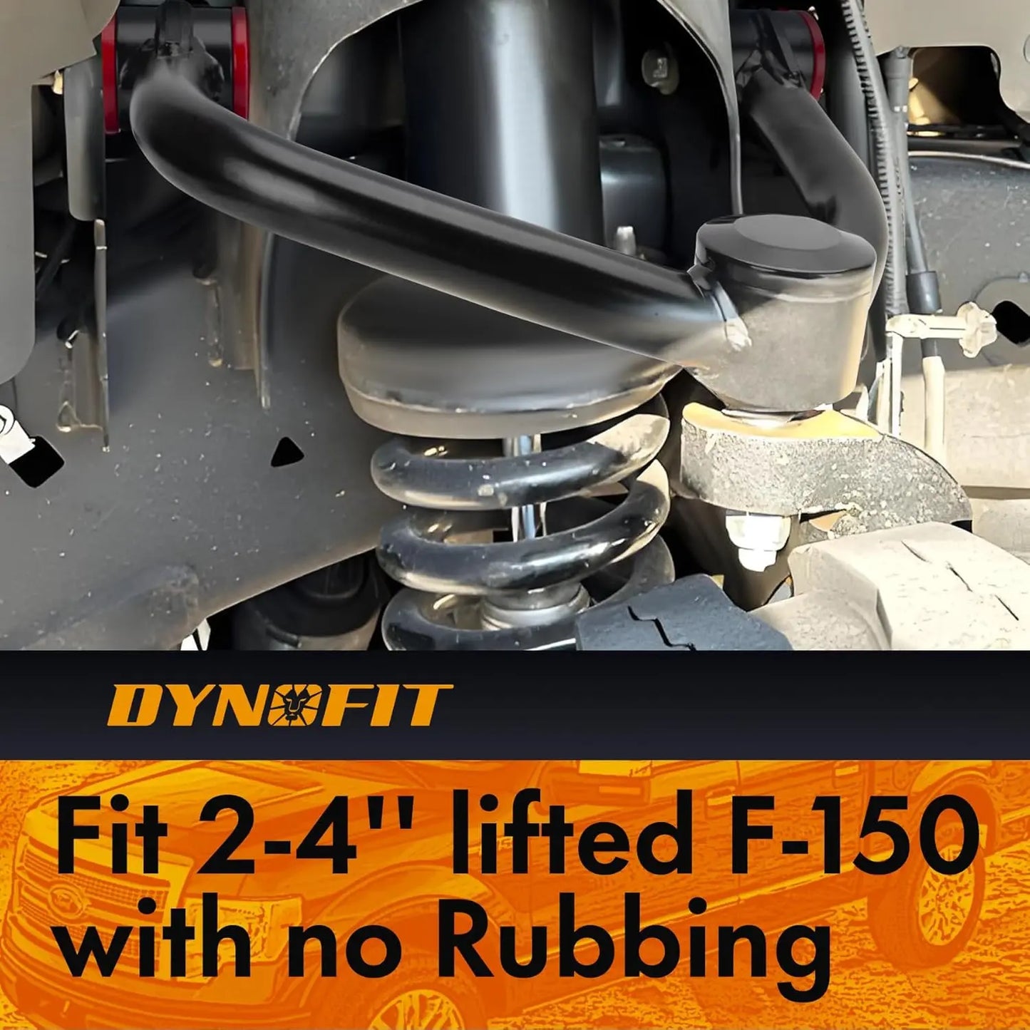 Close-up of a vehicle suspension system with Dynofit branding and text about F-150 fitment.