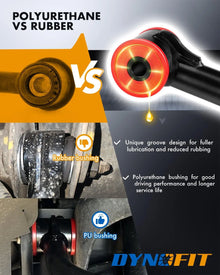Comparison between polyurethane and rubber bushings with Dynofit branding.
