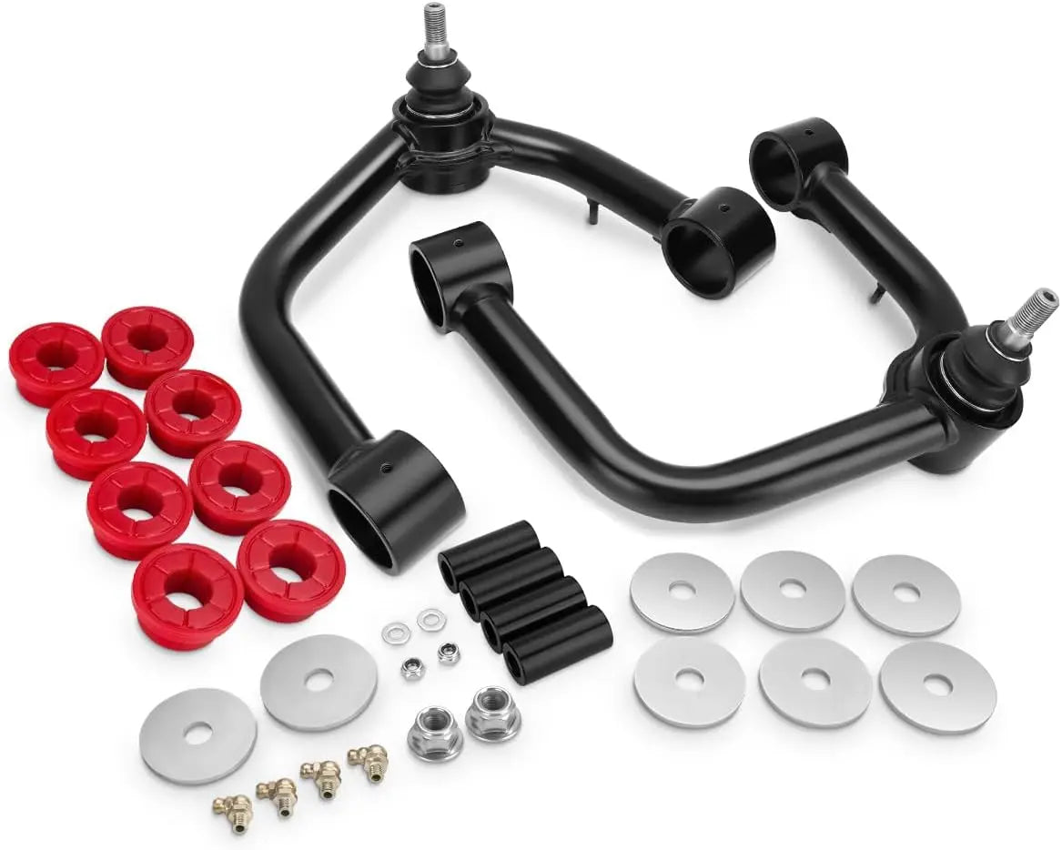 Dynofit Automotive suspension components including black metal parts, red washers, and metal washers on a white background.