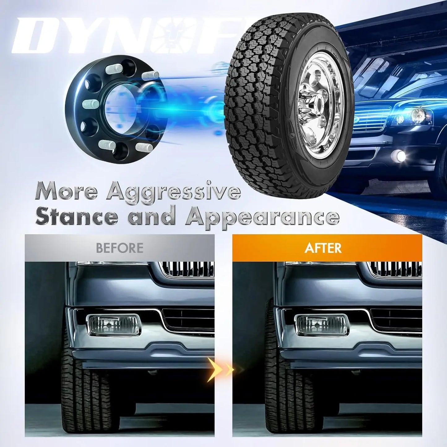 Before and after comparison of a vehicle with added wheel spacers and tire, featuring the brand 'Dynofit.