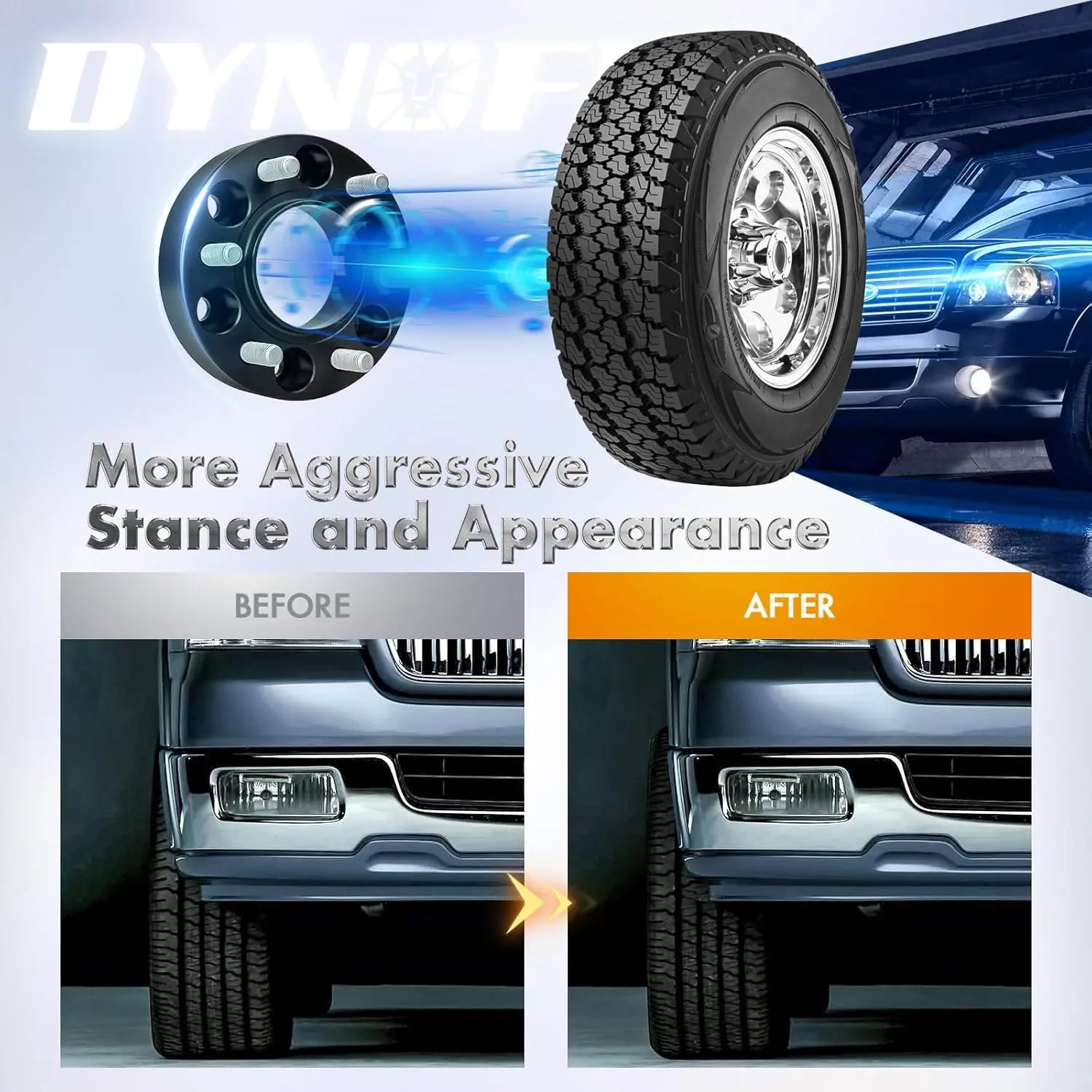 Before and after comparison of a vehicle with added wheel spacers and tire, featuring the brand 'Dynofit.