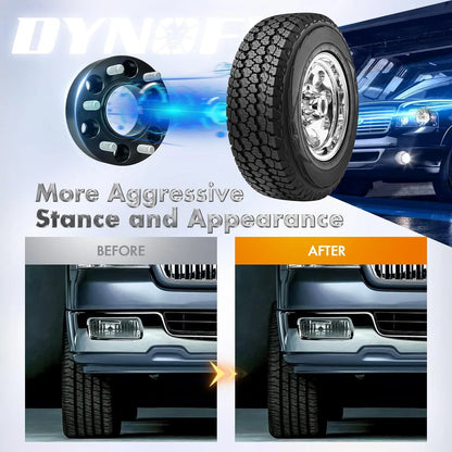 Before and after comparison of a vehicle with added wheel spacers and tire, featuring the brand 'Dynofit.