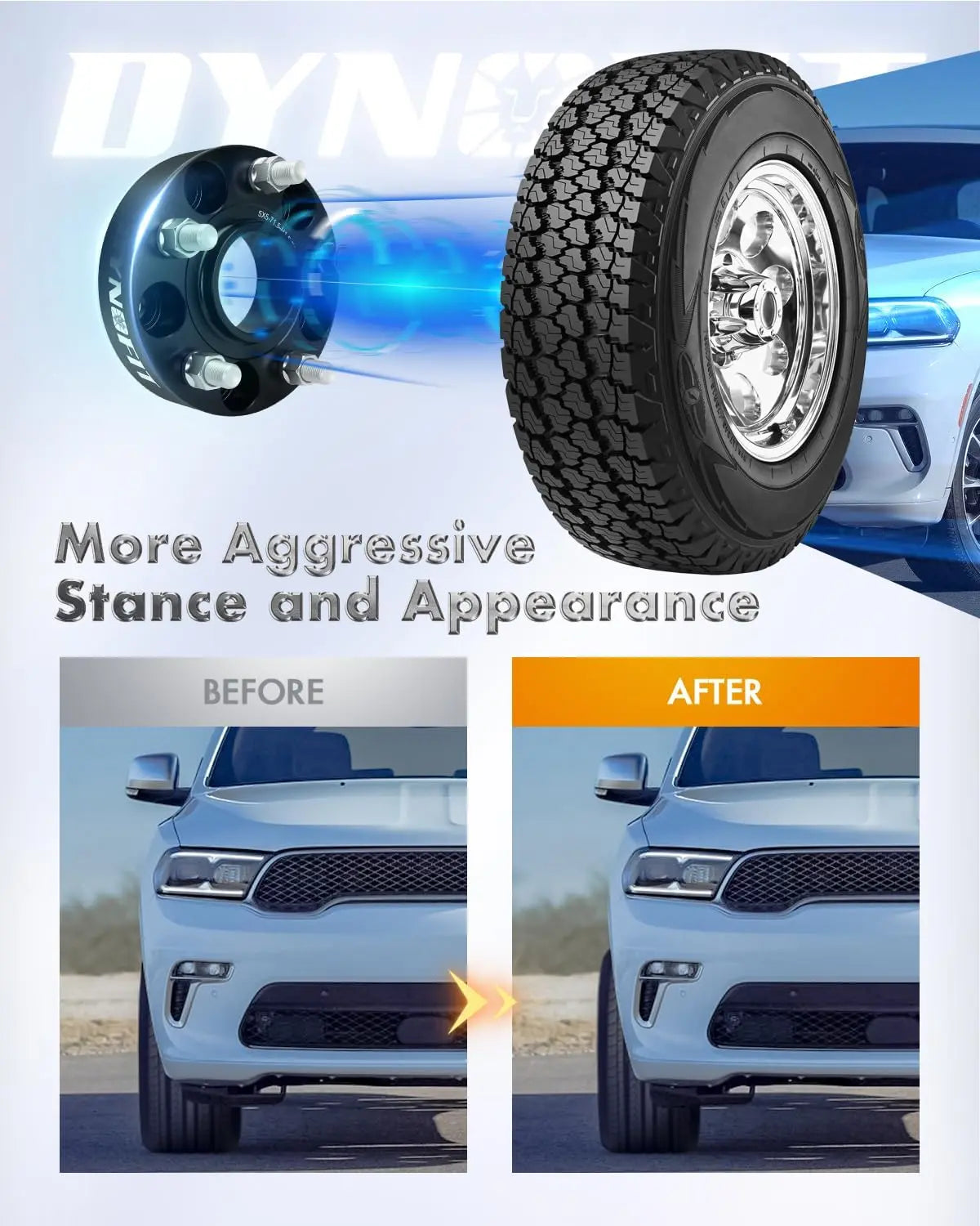 Before and after comparison of a car with tire and suspension upgrades Dynofit