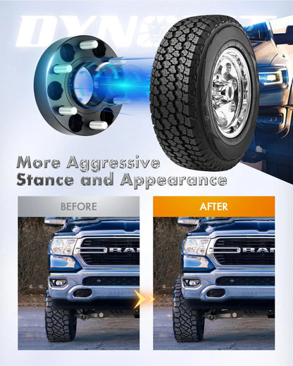 Before and after comparison of a truck with larger tires and a more aggressive stance. 1.5" Hub Wheel Spacers for 2019+ Dodge Ram 1500